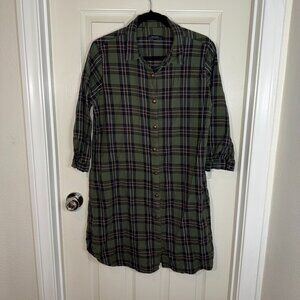 Zara Women's Large Green Plaid Check Long Sleeve Button Up Tartan Tunic